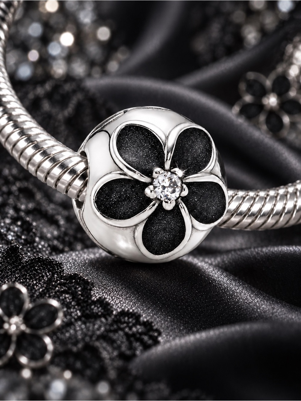 Black Flower Clip Charm